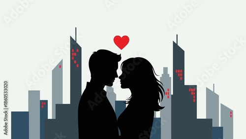 Couple Silhouette Kissing with Heart Above.