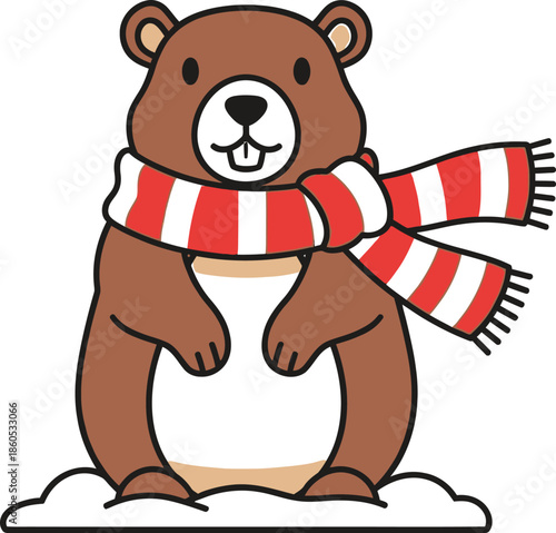 Cute brown bear in red scarf standing on snow