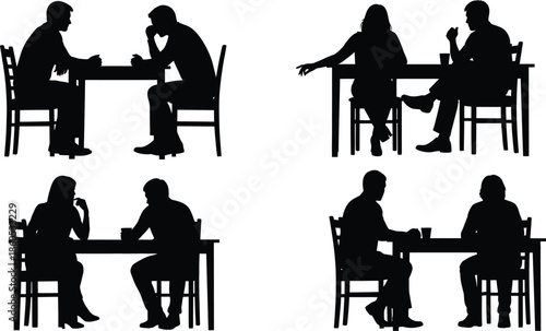Silhouettes of people sitting at tables in various positions