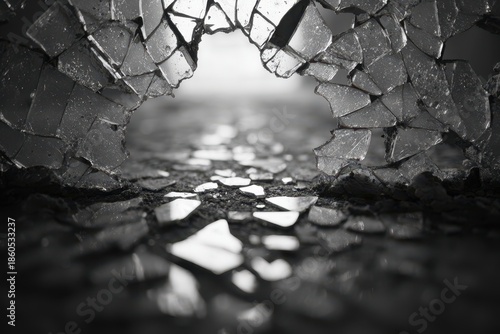 Broken glass pieces create a pathway with light shining through in a dark space