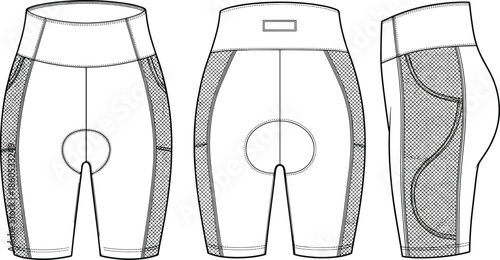 Women cycling shorts flat sketch, high waist, mesh panels, padded chamois, front back side view, technical cad drawing flat vector illustration.