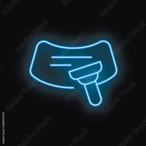 Blue neon icon of a barcode scanner scanning a barcode on a black background