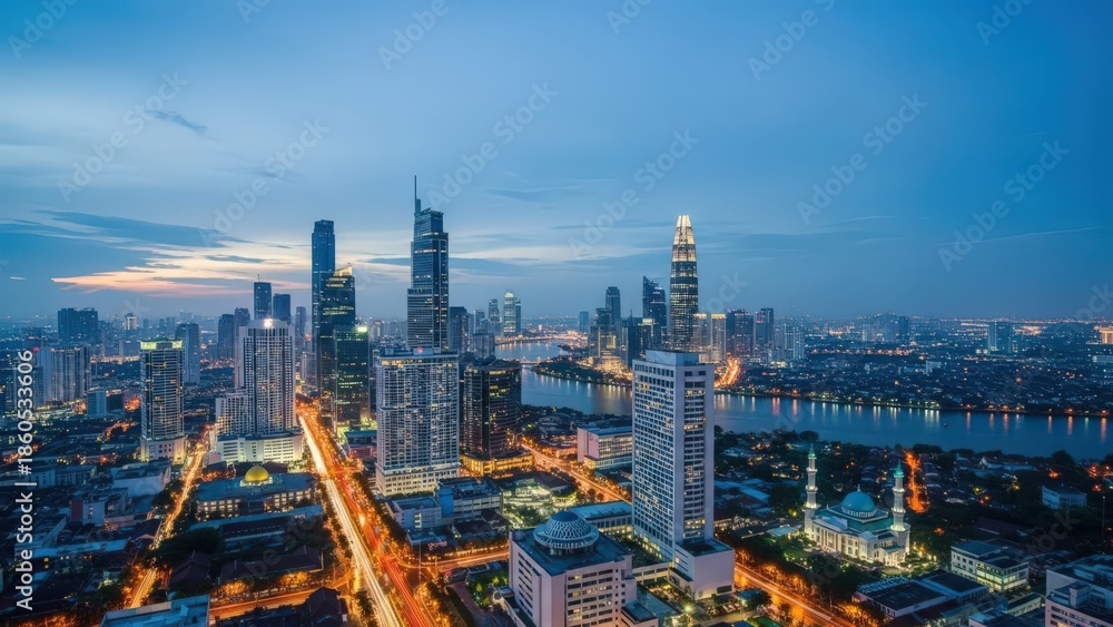 Fototapeta premium Stunning Twilight Cityscape with Illuminated Skyscrapers and Busy Roads.