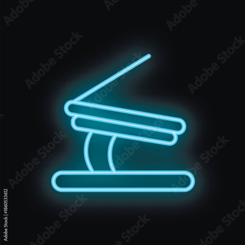 Blue neon sign icon of a dentist chair glowing on a black background