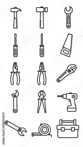 Collection of diverse hand tools and implements for construction and repair tasks featuring hammers wrenches saws and pliers.