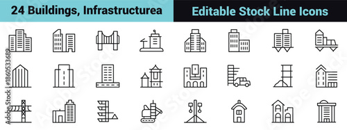 Set of 30 black line icons illustrating buildings, infrastructure, urban elements, architecture, transportation, and city planning