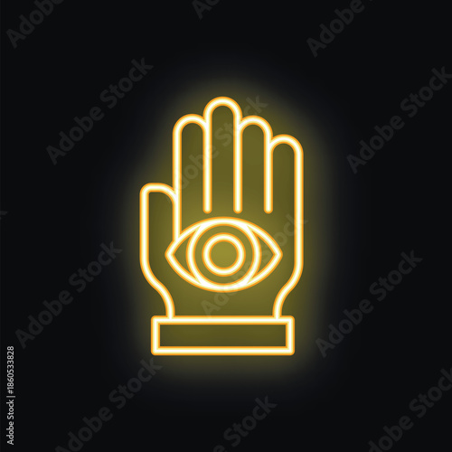 Neon sign showing an open hand with an eye in the palm, representing concepts like clairvoyance, foresight and intuition