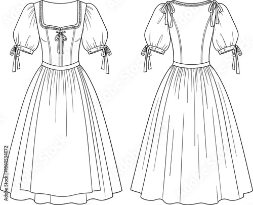 Women white puff sleeve midi dress front back view cad drawing flat vector illustration with corset bodice and bow details