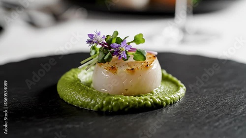 Gourmet dish presentation close up of decorated food with tweezers and greens