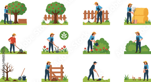 Farmers working in garden collection featuring characters planting watering harvesting and feeding animals for agricultural industry and rural lifestyle vector illustration design