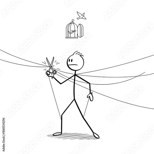 Stick figure cutting invisible strings attached to body, symbol of emotional independence  
