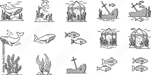 Underwater illustration set, marine life, ocean plants, whales, fish, shipwrecks, dome structures, black line art, aquatic vector design