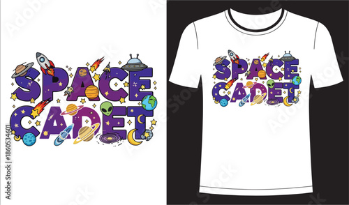 Space cadet text with cute cartoon planets rockets UFO alien stars galaxy cosmic theme design for kids t-shirt print apparel graphics vector illustration