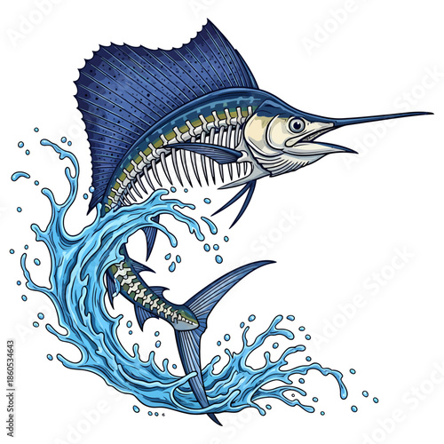 Sailfish skeleton jumping out of water with blue splashes vector illustration