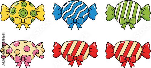 Colorful wrapped candy collection with stripes and polka dots featuring decorative bows for sweet shop party celebration dessert and confectionery vector design.