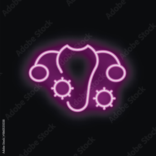 Purple neon icon representing a virus attacking the ovaries of a woman, symbolizing the concept of female infertility