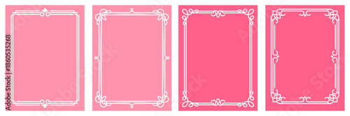 Set of four pink background templates with decorative shiny borders. Collection of vector vertical frames for social media story or greeting card. Eps10