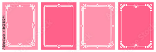 Set of four pink background templates with decorative shiny borders. Collection of vector vertical frames for social media story or greeting card.