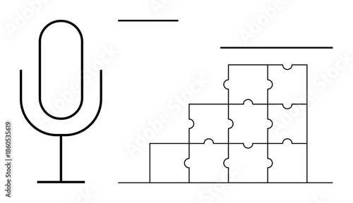 Audio concept. Microphone icon next to stackable puzzle blocks organized communication and problem-solving. Audio concept for podcasts, teamwork, education, strategy, and broadcasting