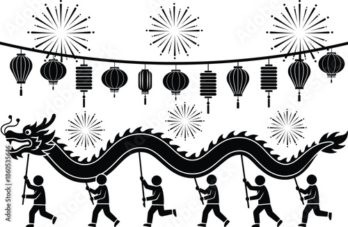 Silhouette Chinese dragon dance performance with fireworks and lanterns in a traditional setting Vector illustration