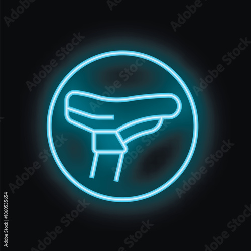 Blue neon sign icon of a bicycle saddle glowing in a circle on a black background