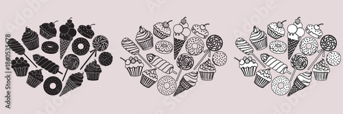 Collection of hand drawn cupcakes and donuts with decorative toppings