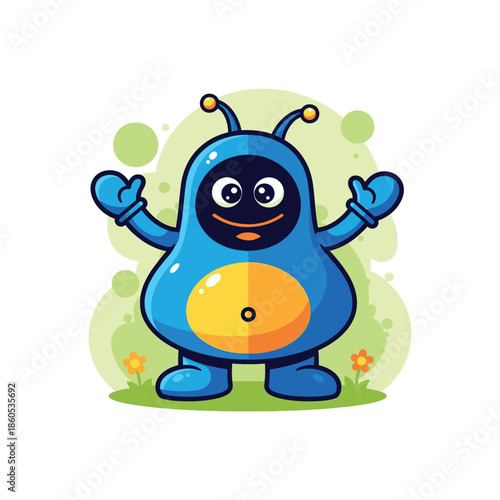 Friendly blue cartoon alien character smiling and waving.