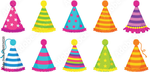 Colorful party hats collection with stripes stars and polka dots for birthday celebration anniversary carnival and festive holiday event decoration vector illustration.