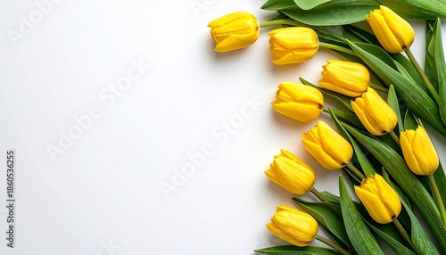 Bright yellow tulips arranged along right edge on white background, creating a floral border