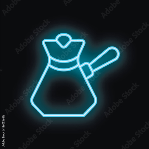 Blue neon sign of a traditional turkish coffee pot with a long handle, glowing on a black background
