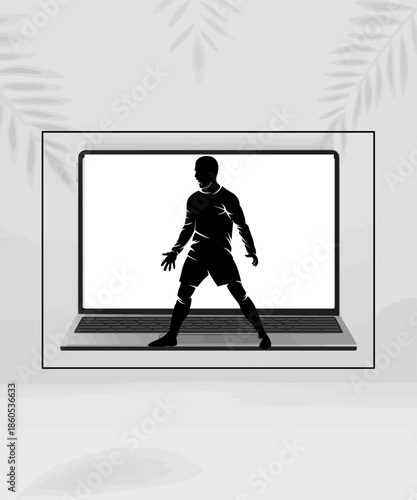 Striking silhouette of a professional soccer player, isolated on a laptop screen, symbolizes digital sports broadcasting and online training opportunities.