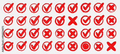 Check tick mark icon set, hand drawn doodle red cross box x check mark green checkbox v, sketch marker checklist symbol right and wrong set - for stock