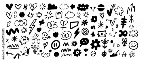 Line brush heart vector set. Hand drawn sketch doodle style arrow, cloud, star with marker stroke pencil highlight. Cute handwritten crown, heart, star line brush art design. Vector illustration