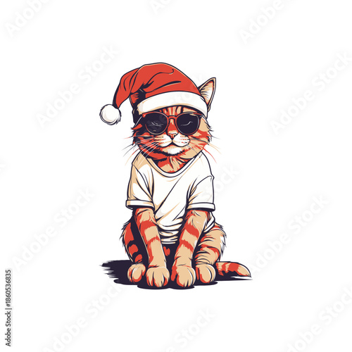 Stylish Cat in Santa Hat and Sunglasses.