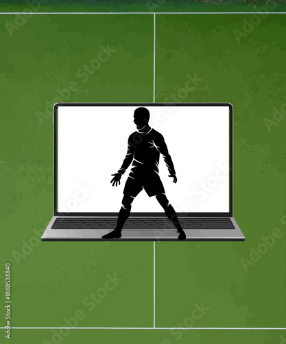 Silhouette of a determined soccer player appearing on a modern laptop screen positioned over a vibrant green sports field graphic, symbolizing digital sports content delivery.
