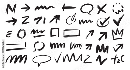 Arrow hand drawn line set. Scribble sketch line element in hand drawn black marker, pencil stroke style. Decorative curve arrow, underline, scribble doodle scratch design elements. Vector illustration