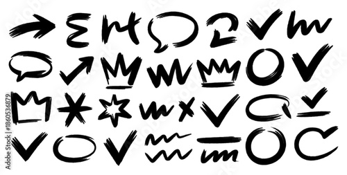 Set of trendy hand-drawn doodles in a rough chalk style. Collection of graffiti and sketch symbols like hearts, stars, and crowns for sticker packs, isolated on white background, vector illustration.