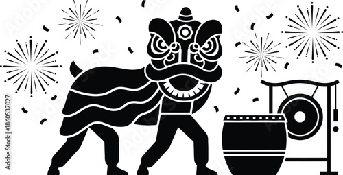 Silhouette lion dance performance with drum and fireworks decoration Vector illustration
