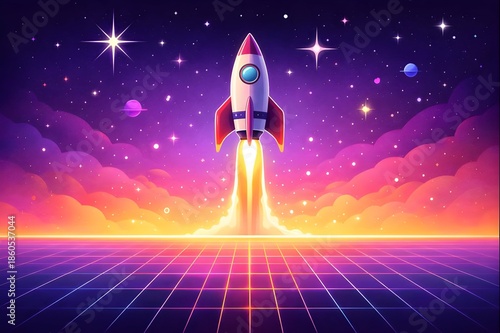 Rocket launch over neon horizon