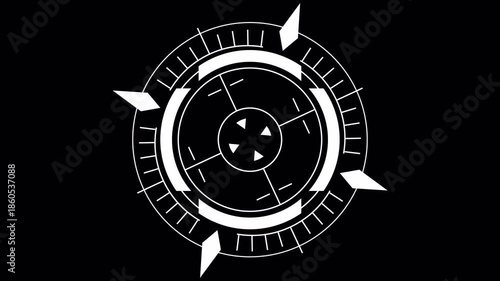 Futuristic HUD Target Lock-On Animation with Rotating Arrows and Crosshair on Circular Interface, Transparent Background