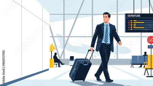 Modern vector illustration of business traveler pulling suitcase through airport terminal, professional corporate travel concept ideal for business mobility and global work visuals