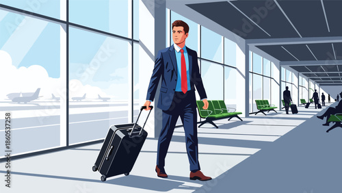 Modern vector illustration of business traveler pulling suitcase through airport terminal, professional corporate travel concept ideal for business mobility and global work visuals