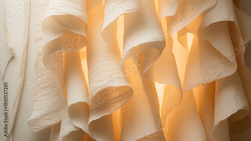 Abstract close up of delicate ivory fabric ruffles illuminated by warm golden light creating soft flowing texture backgrounds