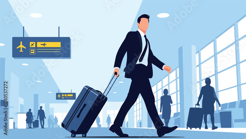 Modern vector illustration of business traveler pulling suitcase through airport terminal, professional corporate travel concept ideal for business mobility and global work visuals