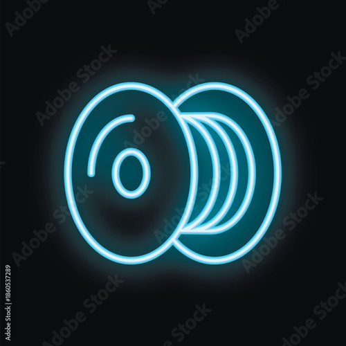 Blue glowing neon icon of a filament spool for 3d printing glowing on a black background
