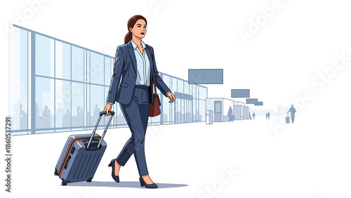 Modern vector illustration of business traveler pulling suitcase through airport terminal, professional corporate travel concept ideal for business mobility and global work visuals