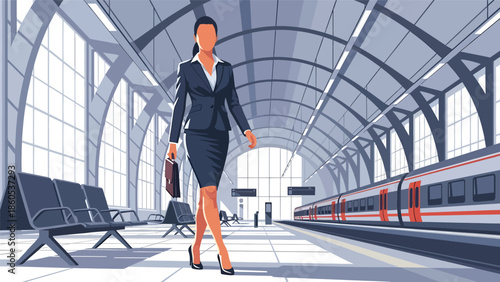Modern vector illustration of business traveler in modern train station with briefcase, multimodal corporate transportation concept