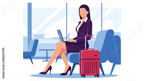 Modern vector illustration of executive working in airport lounge with laptop and suitcase, premium business travel lifestyle and corporate productivity concept