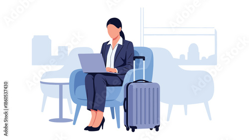 Modern vector illustration of executive working in airport lounge with laptop and suitcase, premium business travel lifestyle and corporate productivity concept