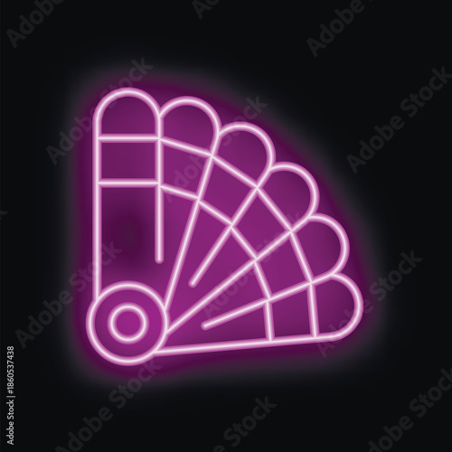 Purple neon sign depicting a hand fan glowing on black background